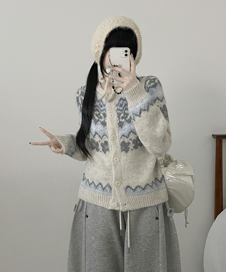 아이스플라워눈꽃노르딕패턴라운드울니트가디건