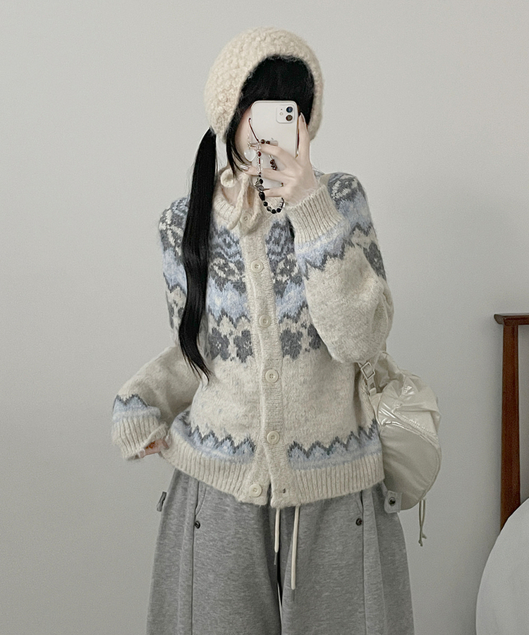 아이스플라워눈꽃노르딕패턴라운드울니트가디건