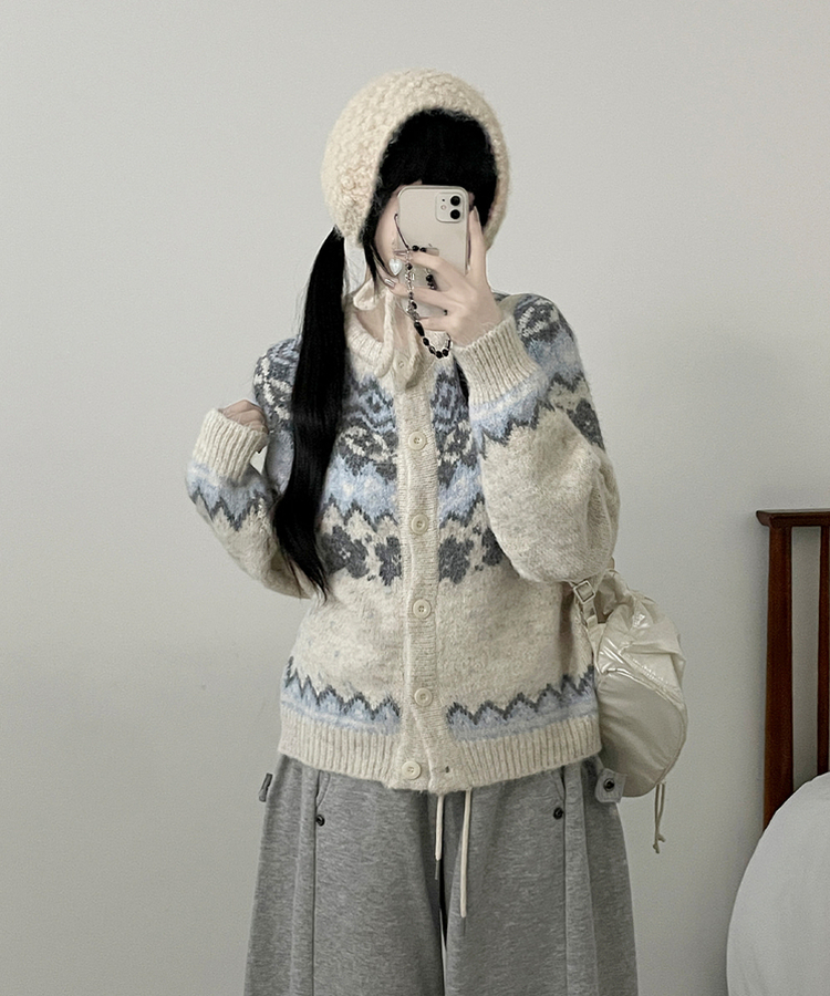 아이스플라워눈꽃노르딕패턴라운드울니트가디건