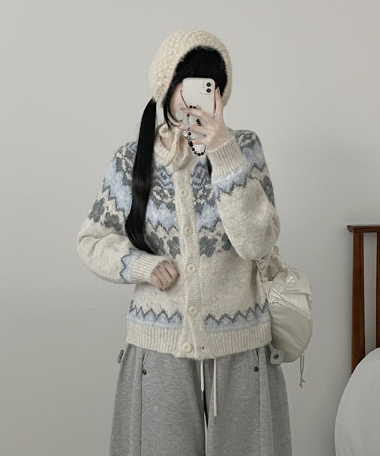 아이스플라워눈꽃노르딕패턴라운드울니트가디건