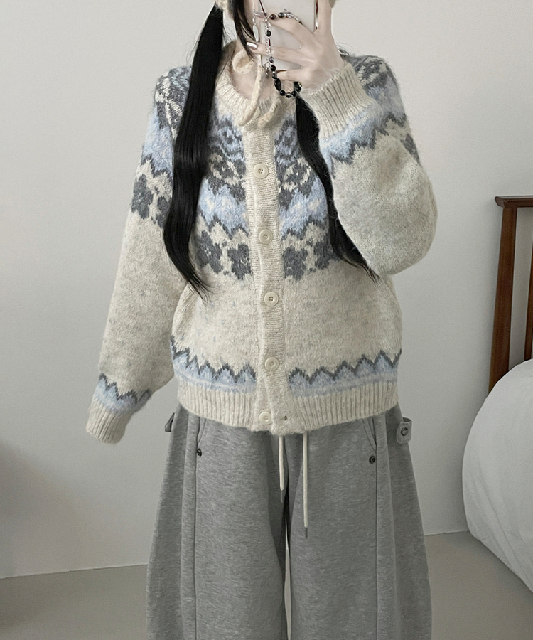 아이스플라워눈꽃노르딕패턴라운드울니트가디건