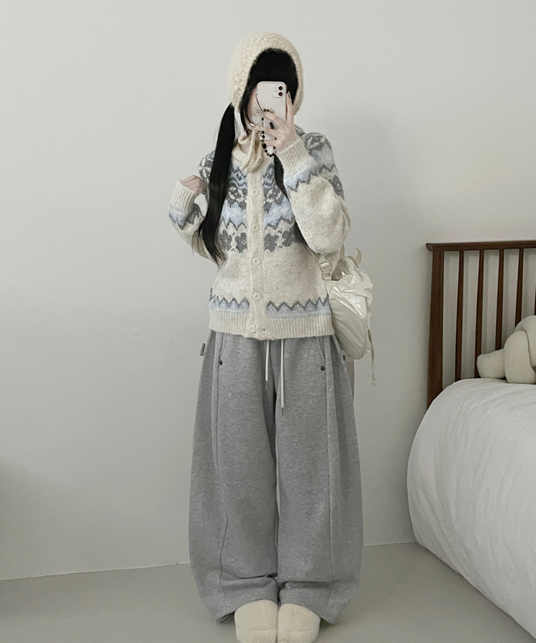 아이스플라워눈꽃노르딕패턴라운드울니트가디건