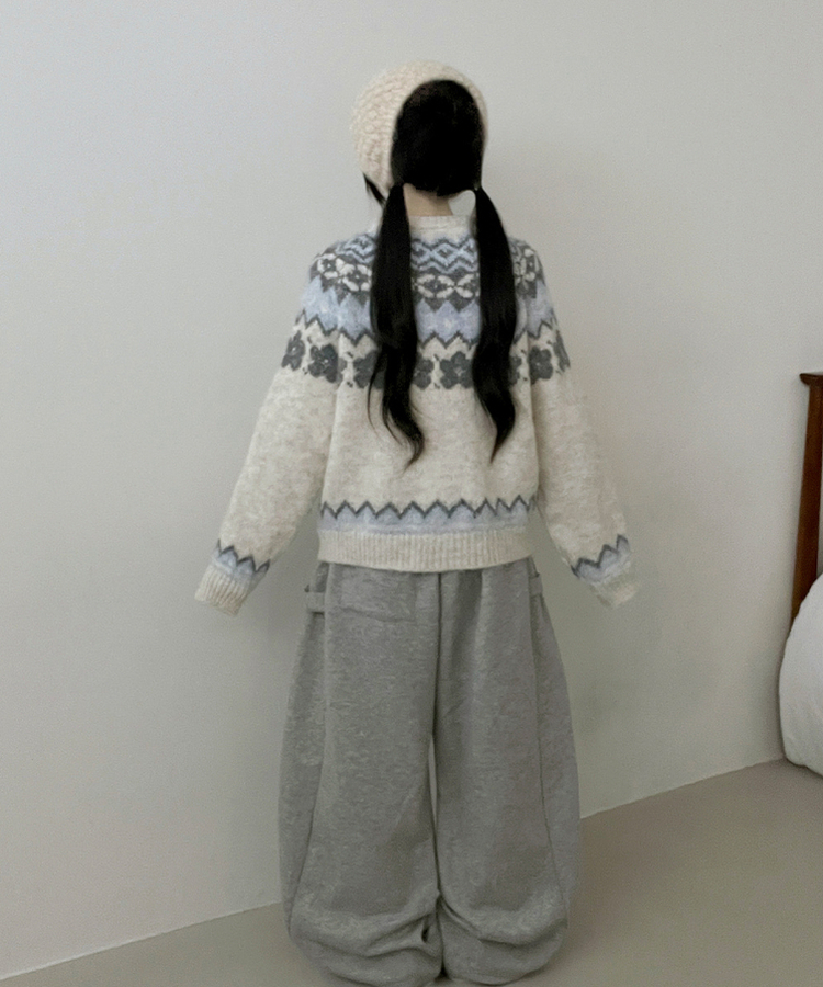 아이스플라워눈꽃노르딕패턴라운드울니트가디건