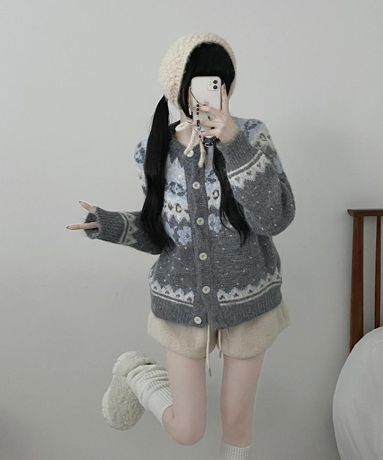 아이스플라워눈꽃노르딕패턴라운드울니트가디건