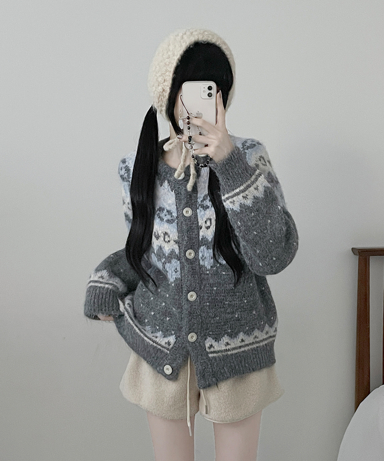 아이스플라워눈꽃노르딕패턴라운드울니트가디건