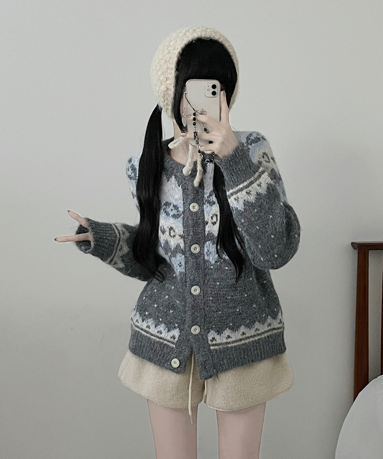 아이스플라워눈꽃노르딕패턴라운드울니트가디건