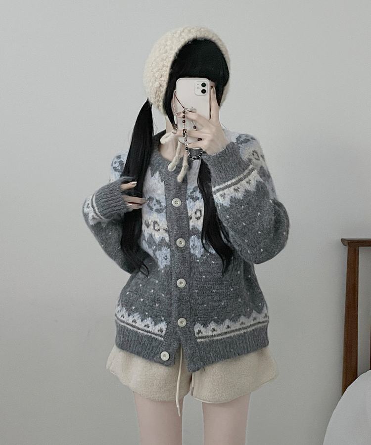 아이스플라워눈꽃노르딕패턴라운드울니트가디건