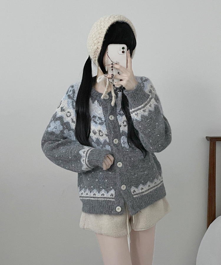 아이스플라워눈꽃노르딕패턴라운드울니트가디건