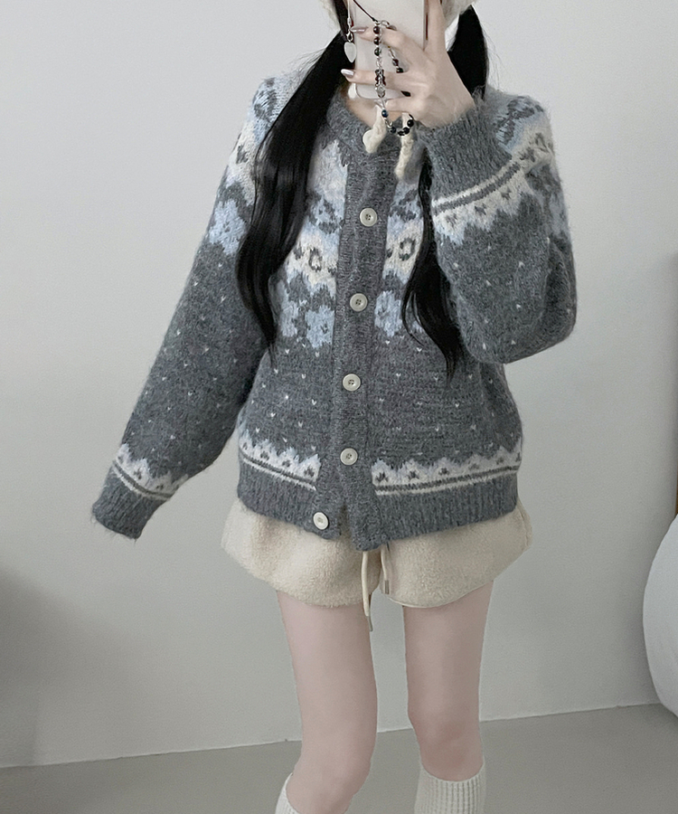 아이스플라워눈꽃노르딕패턴라운드울니트가디건