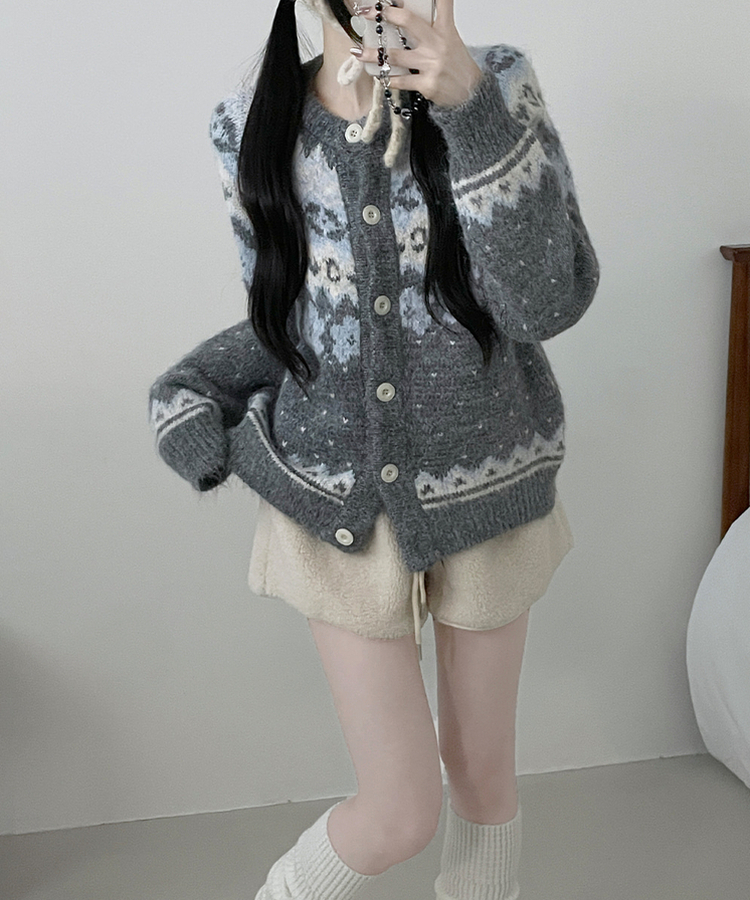 아이스플라워눈꽃노르딕패턴라운드울니트가디건