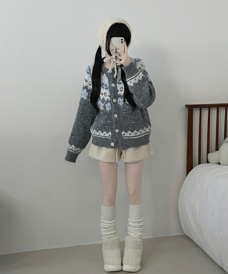 아이스플라워눈꽃노르딕패턴라운드울니트가디건