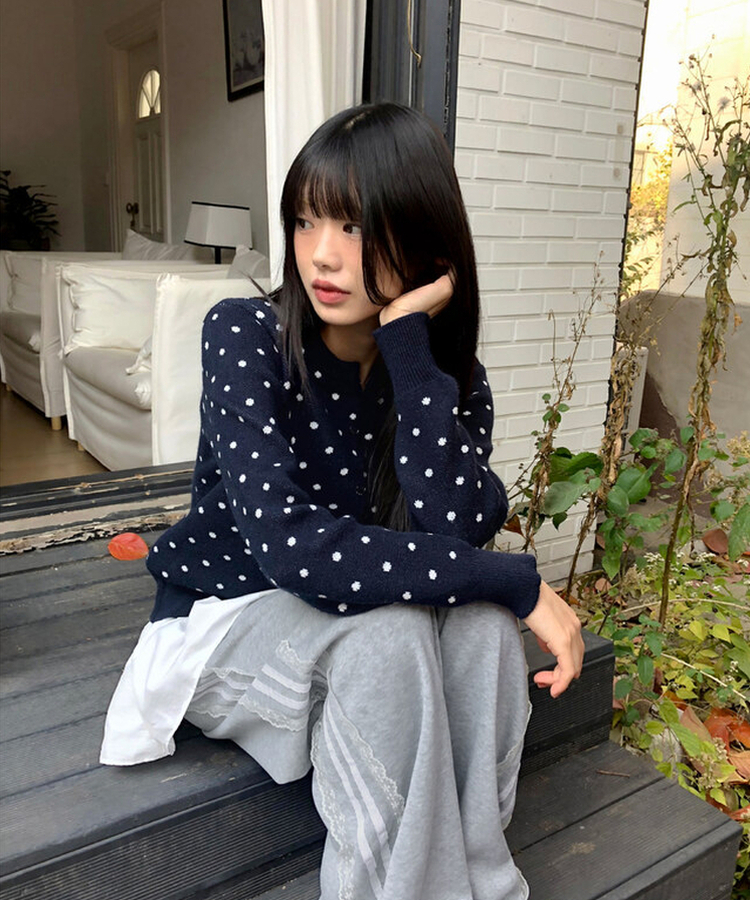 ラウンドドットニットカーディガン(5color) NAVY