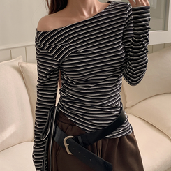 【起毛】ストライプシャーリング長袖Ｔシャツ BLACK