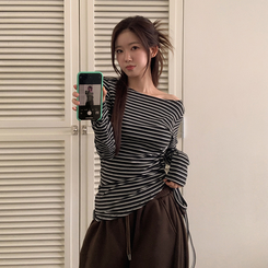 【起毛】ストライプシャーリング長袖Ｔシャツ BLACK