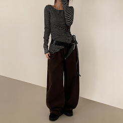 【起毛】ストライプシャーリング長袖Ｔシャツ BLACK