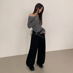 【起毛】ストライプシャーリング長袖Ｔシャツ CHARCOAL