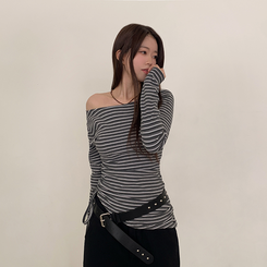 【起毛】ストライプシャーリング長袖Ｔシャツ CHARCOAL