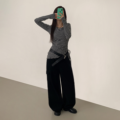 【起毛】ストライプシャーリング長袖Ｔシャツ CHARCOAL