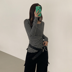 【起毛】ストライプシャーリング長袖Ｔシャツ CHARCOAL