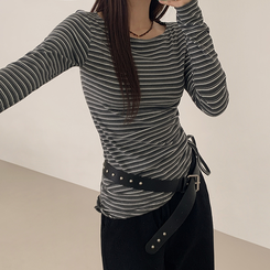 【起毛】ストライプシャーリング長袖Ｔシャツ CHARCOAL