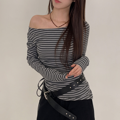 【起毛】ストライプシャーリング長袖Ｔシャツ CHARCOAL