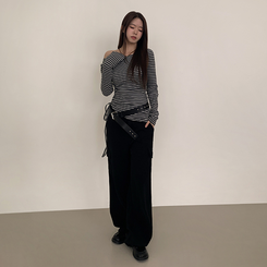 【起毛】ストライプシャーリング長袖Ｔシャツ CHARCOAL