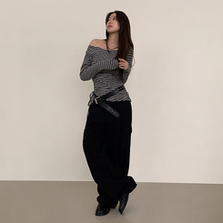 【起毛】ストライプシャーリング長袖Ｔシャツ CHARCOAL