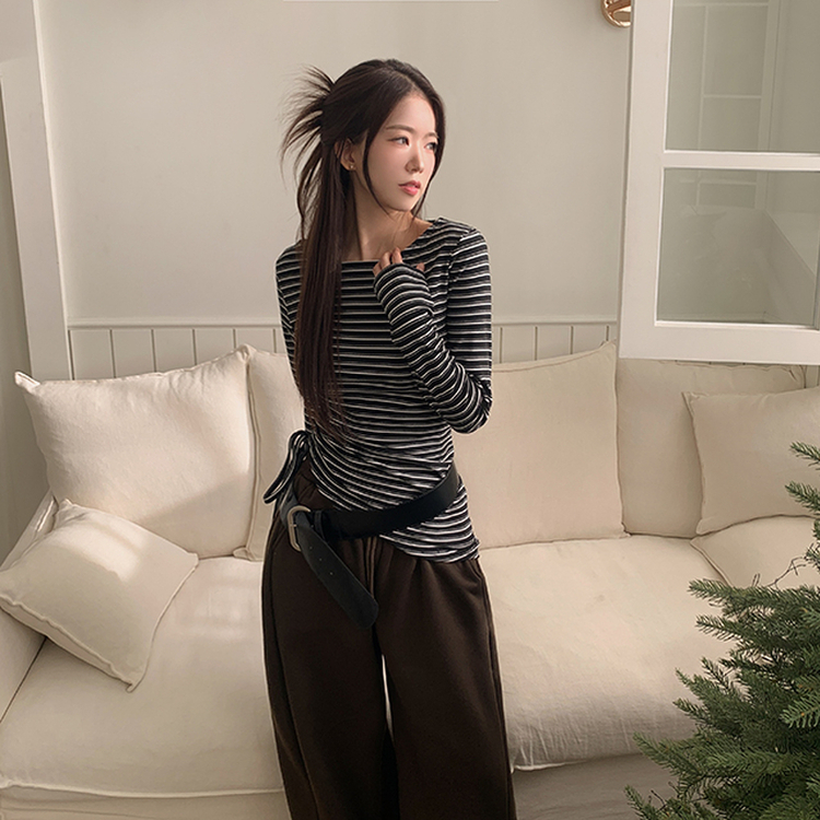 【起毛】ストライプシャーリング長袖Ｔシャツ BLACK