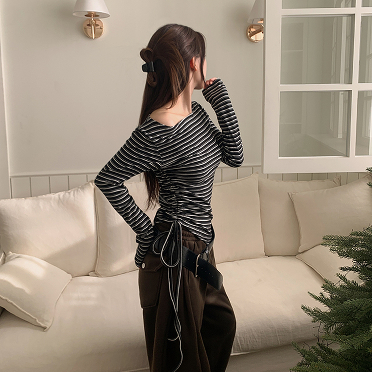 【起毛】ストライプシャーリング長袖Ｔシャツ BLACK