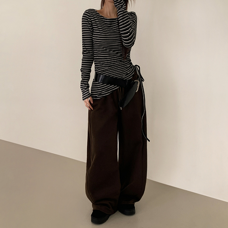 【起毛】ストライプシャーリング長袖Ｔシャツ BLACK