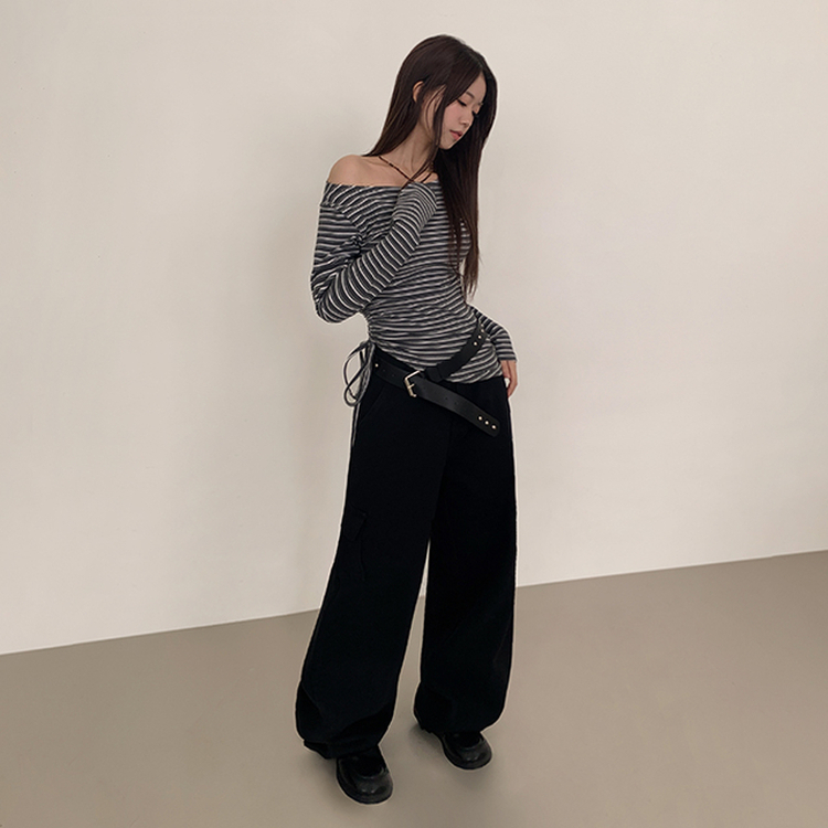 【起毛】ストライプシャーリング長袖Ｔシャツ CHARCOAL