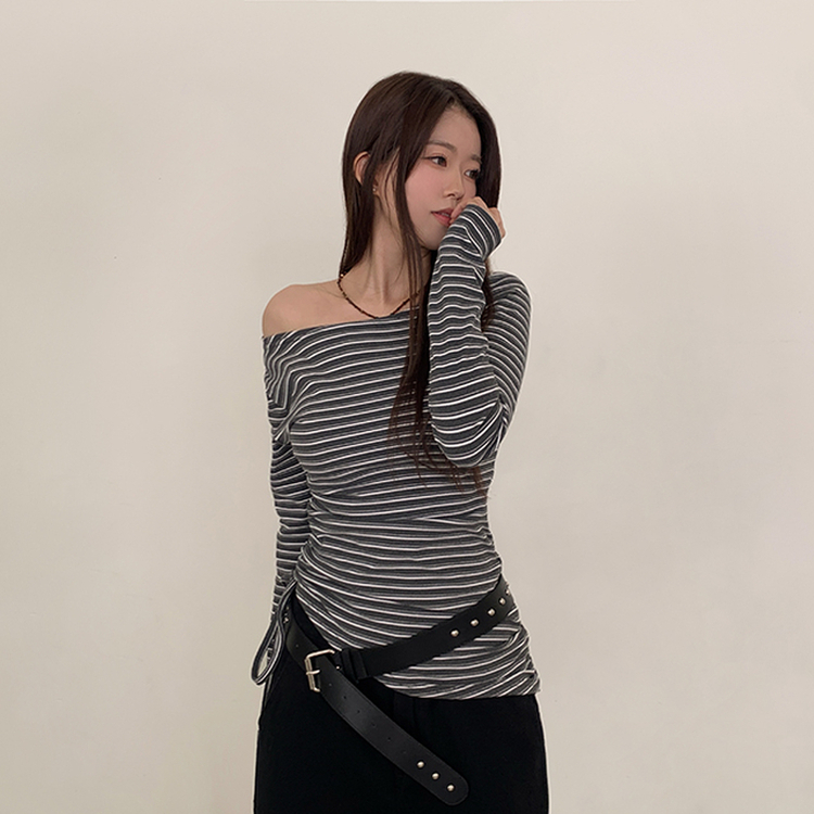 【起毛】ストライプシャーリング長袖Ｔシャツ CHARCOAL