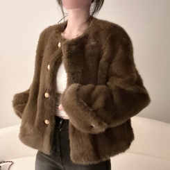 フェイクファーノーカラージャケット BROWN