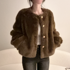 フェイクファーノーカラージャケット BROWN