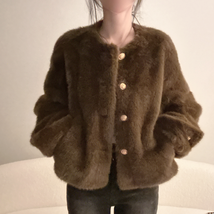 フェイクファーノーカラージャケット BROWN