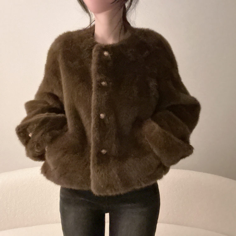 フェイクファーノーカラージャケット BROWN