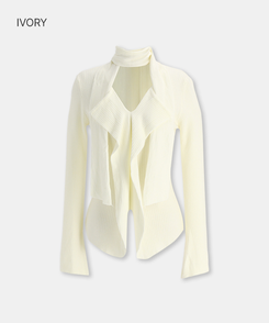 【タイ付き】フリルVネックニットブラウス IVORY