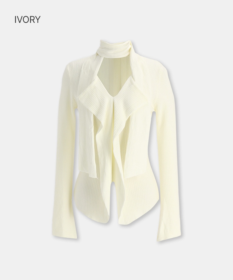 【タイ付き】フリルVネックニットブラウス IVORY