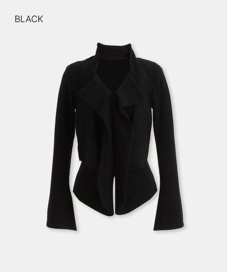 【タイ付き】フリルVネックニットブラウス BLACK