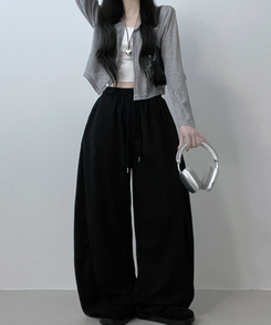 기모안감업트힙포켓트레이닝밴딩와이드롱팬츠 블랙