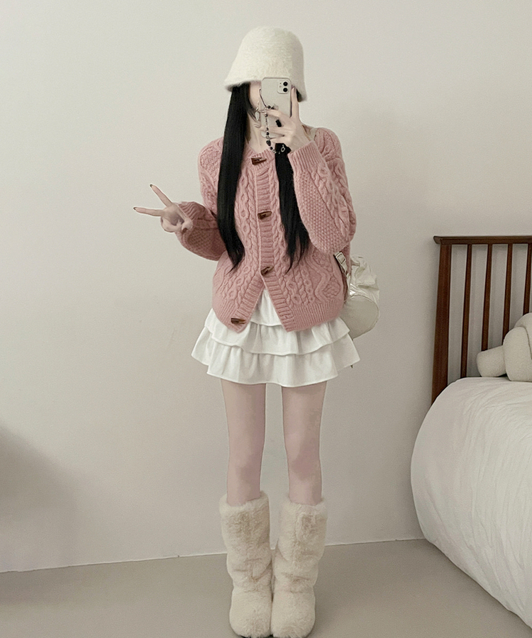 허밍꽈배기떡볶이더플세미크롭니트가디건 핑크