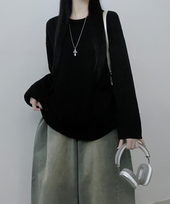 뉴트라운드체형커버오버핏기모긴팔티셔츠 블랙