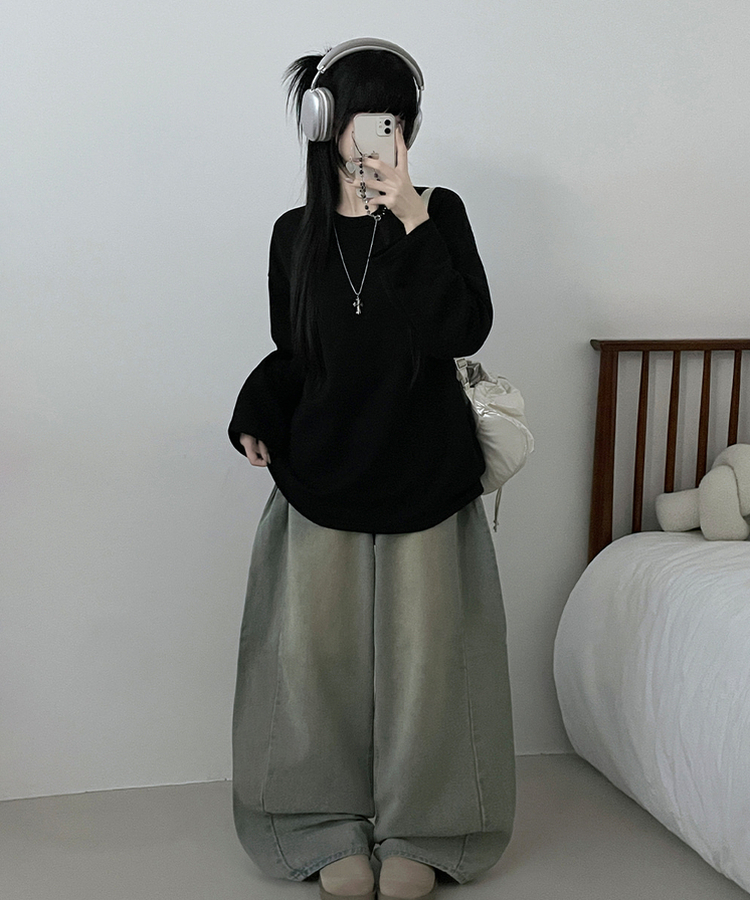 뉴트라운드체형커버오버핏기모긴팔티셔츠 블랙