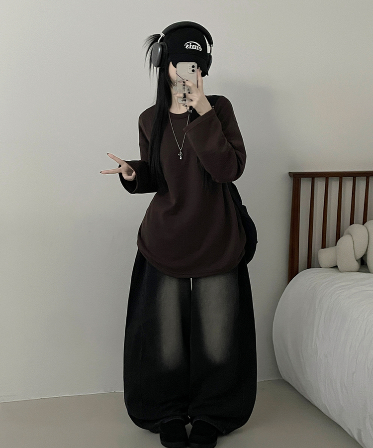 뉴트라운드체형커버오버핏기모긴팔티셔츠 브라운