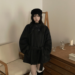 연말룩추천하이넥 단추 허리벨트끈 누빔 하프 로브 반코트 박시핏 자켓 블랙