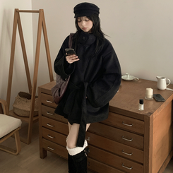 연말룩추천하이넥 단추 허리벨트끈 누빔 하프 로브 반코트 박시핏 자켓 블랙