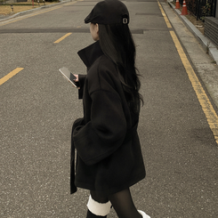 연말룩추천하이넥 단추 허리벨트끈 누빔 하프 로브 반코트 박시핏 자켓 블랙