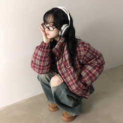 リバーシブルチェック刺繍ダウンジャンパー RED