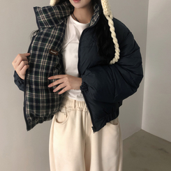 リバーシブルチェック刺繍ダウンジャンパー GREEN