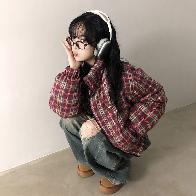 リバーシブルチェック刺繍ダウンジャンパー RED